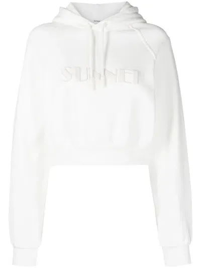 Sunnei Cropped Logo-print Cotton Hoodie In White