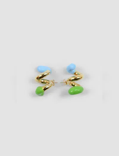 Sunnei Double Fusillo Rubberized Earrings In Gold Sky Blue,fern Green