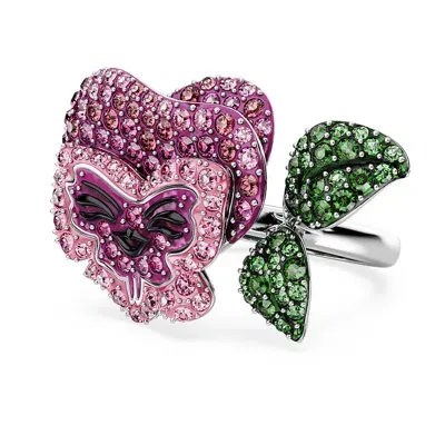 Swarovski Flower, Multicolored, Rhodium Plated Alice In Wonderland Cocktail Ring In Pink