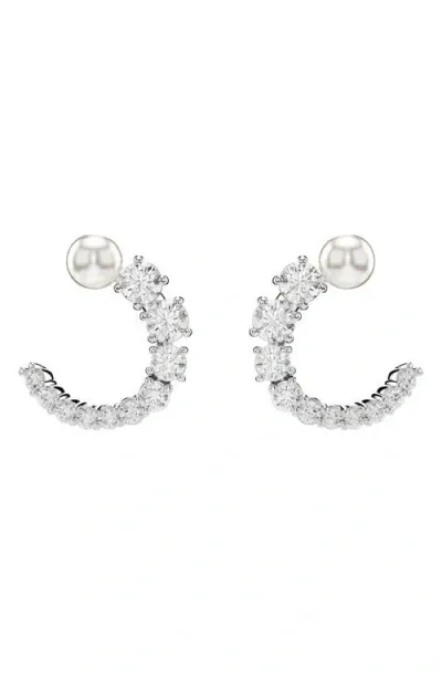 Swarovski Matrix Imitation Pearl & Crystal Frontal Hoop Earrings In Silver