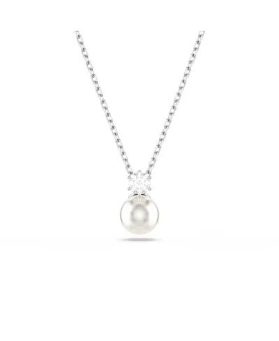 Swarovski Matrix Pendant, Crystal Pearl, Round Cut, White, Rhodium Plated Necklace In Silver