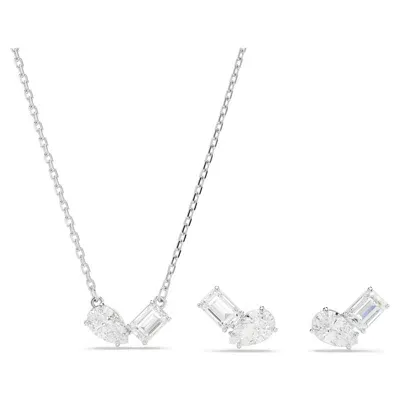 Swarovski Mesmera Mixed Cut Pendant Necklace & Stud Earrings Set In Rhodium Plated In Silver