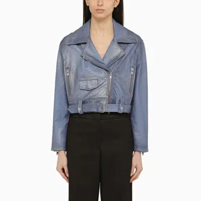 Swd By S.w.o.r.d. Light Blue/silver Leather Biker Jacket In Metal