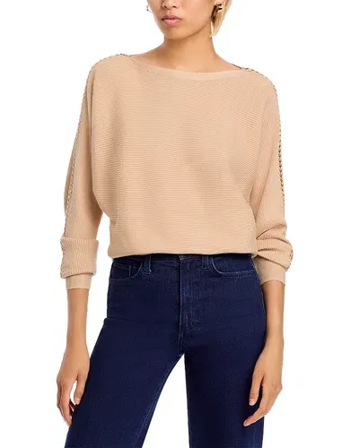 T Tahari Chain Dolman Sleeve Boat Neck Sweater In Toasted Almond