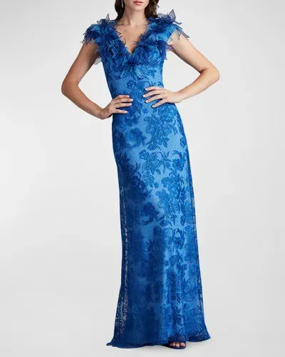 Tadashi Shoji A-line Floral-embroidered Applique Gown In Pacific Blue