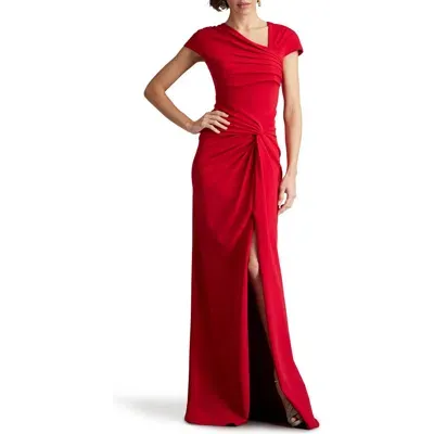 Tadashi Shoji Asymmetric Neck Cap Sleeve Crepe Gown In Flame