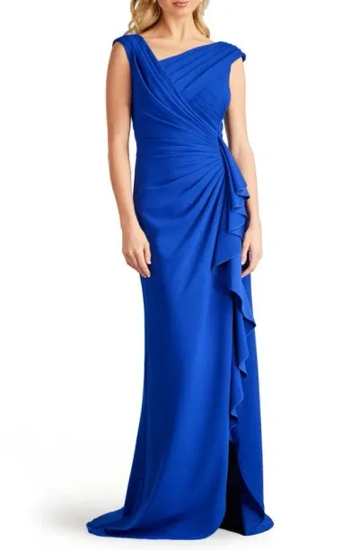 Tadashi Shoji Asymmetrical Ruffled Crepe Gown In Mystic Blue