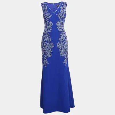 Pre-owned Tadashi Shoji Blue Floral Embroidery Textured Crepe Sleeveless Gown S