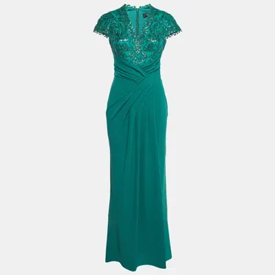 Pre-owned Tadashi Shoji Emerald Green Percy Sequin Crepe Drape Gown S