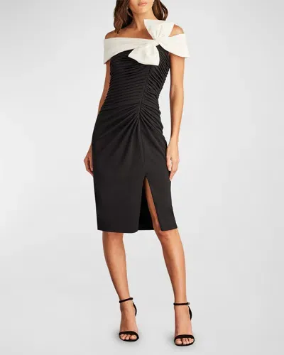 Tadashi Shoji Off-shoulder Pleated Bow-front Midi Dress In Black Ivory