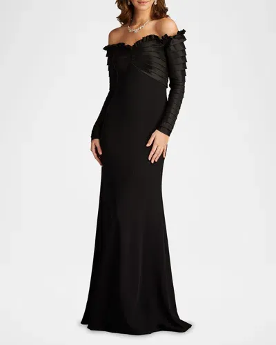 Tadashi Shoji Off-shoulder Pleated Taffeta And Crepe Gown In Black