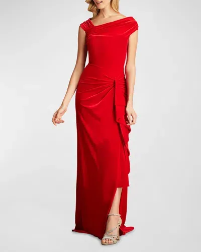 Tadashi Shoji Pleated Asymmetric Crepe Column Gown In Cranberry