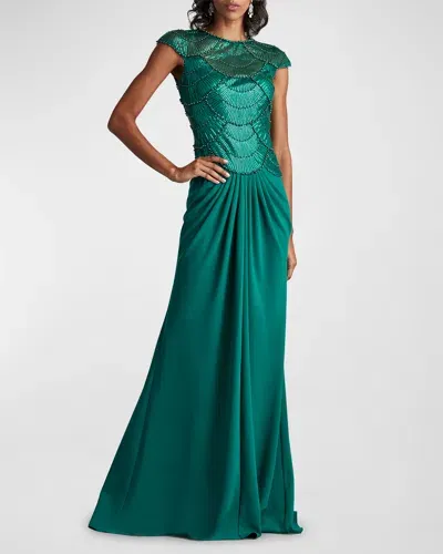 Tadashi Shoji Pleated Bead & Sequin Crepe Gown In Green