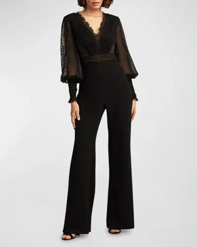 Tadashi Shoji Pleated Lace-inset Crepe Jumpsuit In Black/nude