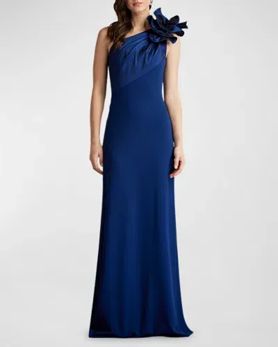 Tadashi Shoji Ruffle Two-tone One-shoulder Gown In Navy