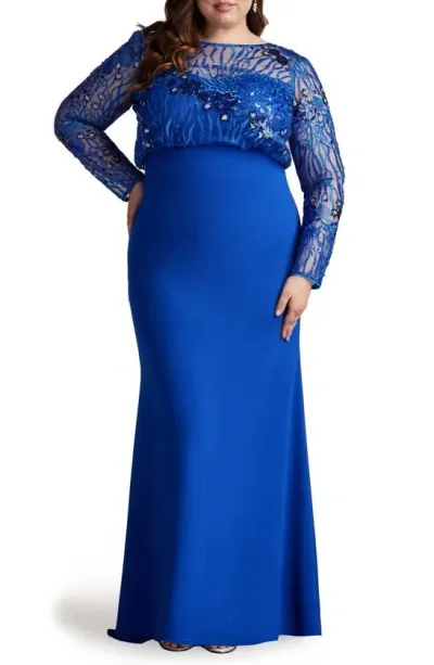 Tadashi Shoji Sequin Blouson Bodice Long Sleeve Gown In Mystc