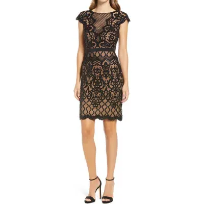 Tadashi Shoji Sequin Lace Body-con Cocktail Dress In Black/nude