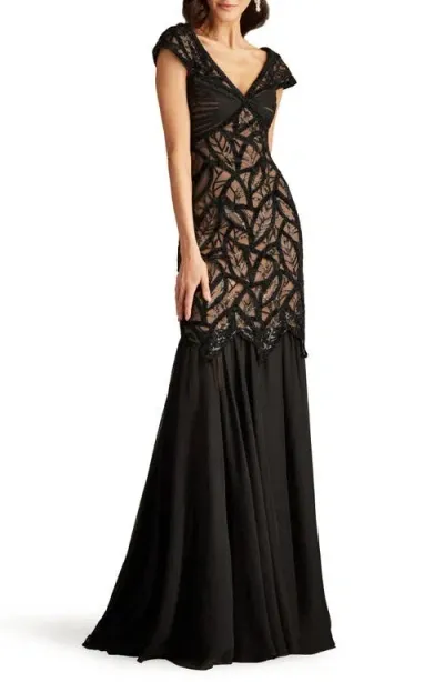 Tadashi Shoji Sequin Leaf Detail Trumpet Gown In Black/nude