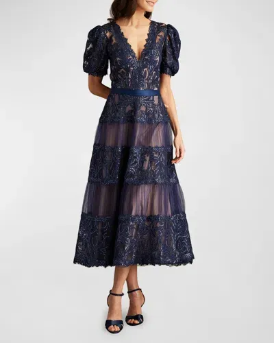 Tadashi Shoji Tiered Puff-sleeve Sequin Lace Midi Dress In Midnightnude