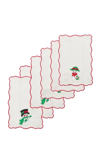 Taf Firenze Set-of-six Snowmen Hand-embroidered Linen Cocktail Napkins In Multi