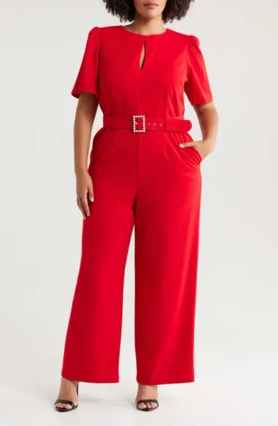 Tahari Asl Belted Keyhole Neck Jumpsuit In Crimson