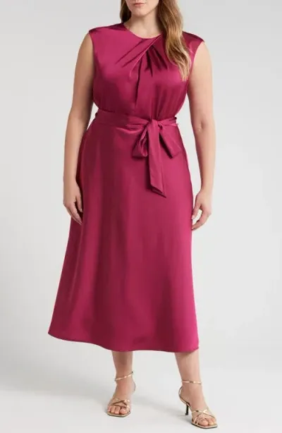 Tahari Asl Cross Neck Satin Midi Dress In Mulberry