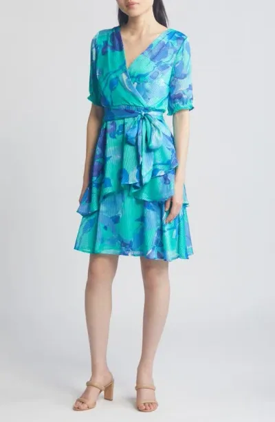 Tahari Asl Floral Shadow Stripe Satin Dress In Teal Multi