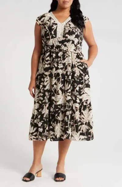 Tahari Asl Foliage Print Cap Sleeve Midi Dress In Black Natural