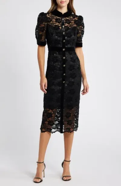 Tahari Asl Metallic Lace & Velvet Midi Shirtdress In Black