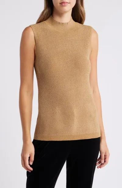 Tahari Asl Women's Metallic-knit Mock Neck Sleeveless Top In Camel,gold