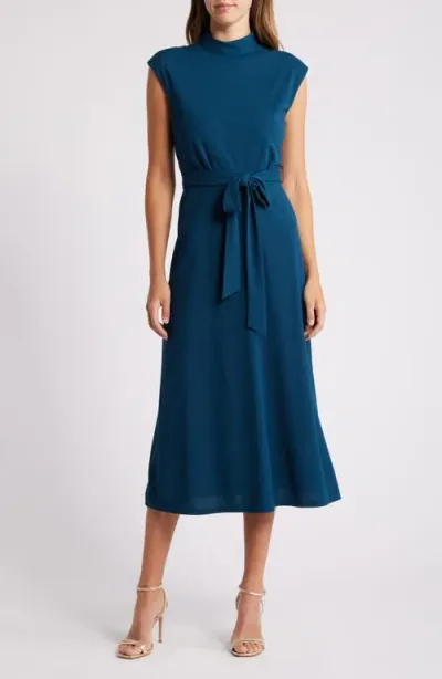 Tahari Asl Mock Neck Front Tie Midi Dress In Mallard