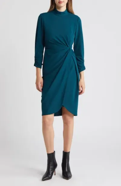 Tahari Asl Mock Neck Side Twist Sheath Dress In Teal