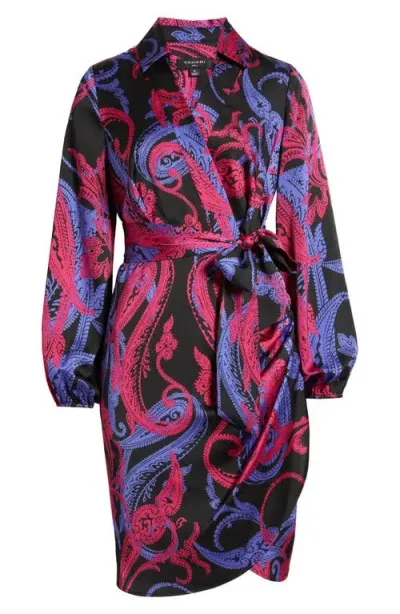 Tahari Asl Paisley Side Drape Long Sleeve Satin Dress In Black Paisley