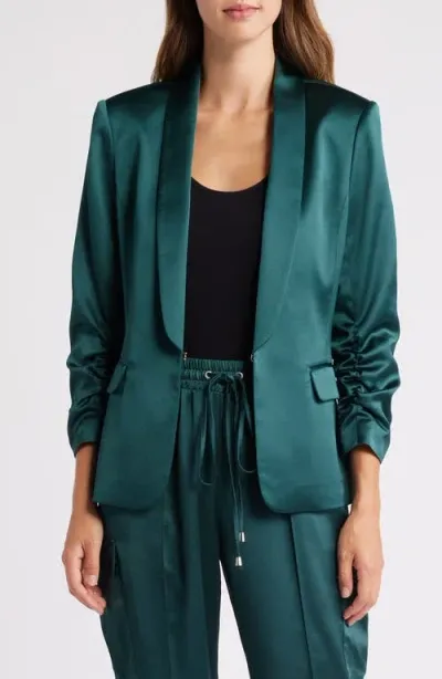 Tahari Asl Ruched Sleeve Satin Blazer In Juniper