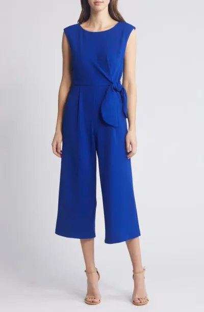 Tahari Asl Side Tie Scuba Crepe Crop Wide Leg Jumpsuit In Cobalt