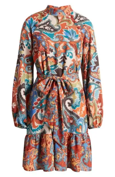 Tahari Asl Twin Print Tie Belt Mock Neck Long Sleeve Dress In Brick Multi