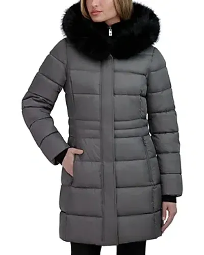 Tahari Dana Hooded Faux Fur Trim Puffer Coat In Steel