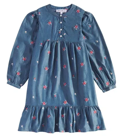 Tartine Et Chocolat Kids' Embroidered Tiered Cotton Dress In Blue