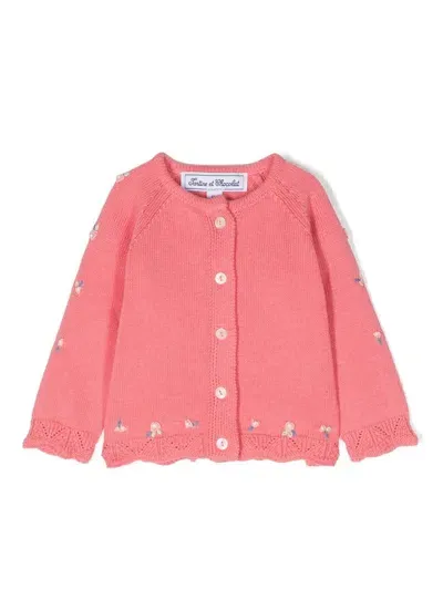 Tartine Et Chocolat Babies' Floral-embroidered Knit Cardigan In Pink