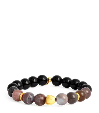 Tateossian Botswana Agate And Gold-plated Beaded Bracelet In Black