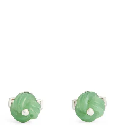 Tateossian Rhodium-plated Aventurine Knot Cufflinks In Green