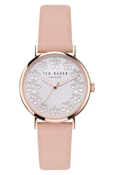 Ted Baker Floral Leather Strap Watch In Pink