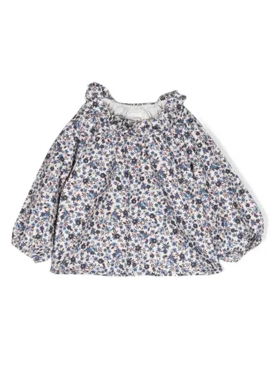 Teddy & Minou Babies' Floral-print Ruffled Cotton Blouse In Blau