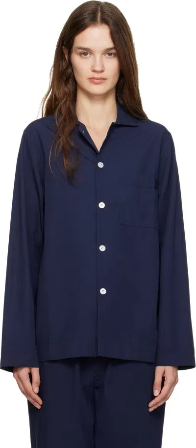 Tekla Navy Poplin Long-sleeved Pyjama Shirt In True Navy