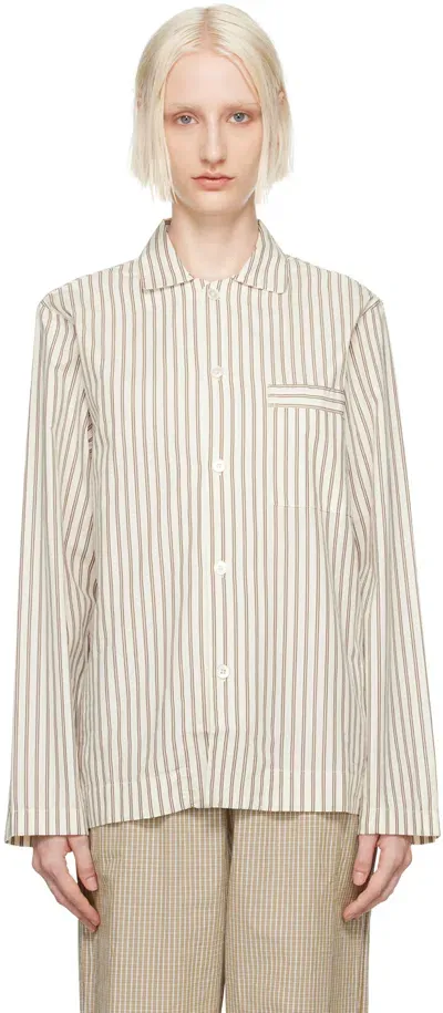 Tekla Off-white & Brown Long Sleeve Pyjama Shirt In Hopper Stripes