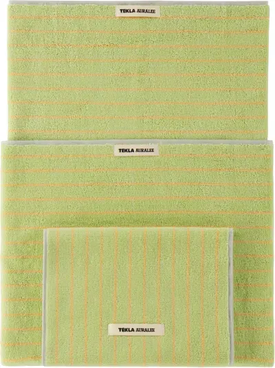 Tekla Ssense Exclusive Green Auralee Edition Towel Set, 3 Pcs In Light Moss Stripes