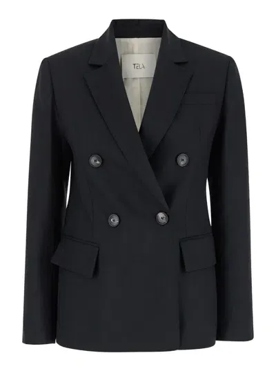 Tela Soho Wool Double Breasted Blazer In Black