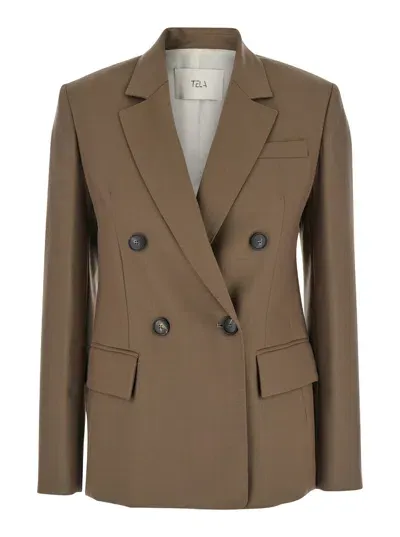 Tela Soho Wool Double Breasted Blazer In Brown