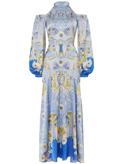 Temperley London Carline-print Cold Shoulder Dress In Blue