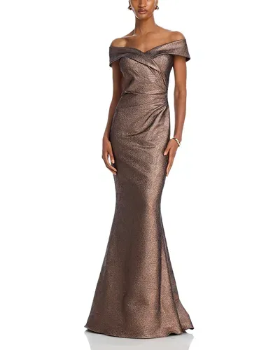 Teri Jon By Rickie Freeman Metallic Off-the-shoulder Gown In Bronze